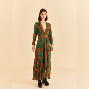 ✨NWT✨ FARM Rio Green Artsy Leopards Long Sleeve Maxi Dress 🐆🍃